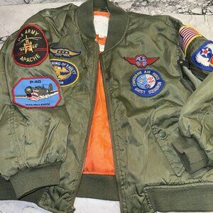 Flightline Boys Authentic Flight Bomber Jacket in Green Patches Size S-8